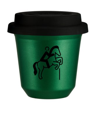 Tasse 80 ml VERT MÉTALLIQUE "Équitation 1 (noir)", avec couvercle noir Tasse 80 ml VERT MÉTALLIQUE "Équitation 1 (noir)", avec couvercle noir