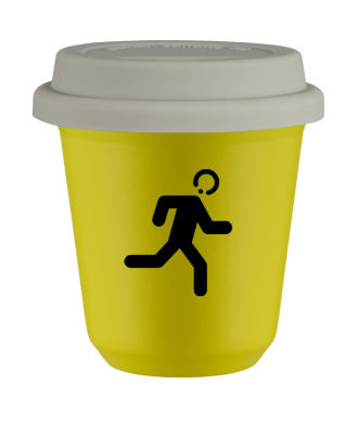 Tasse 80 ml JAUNE "Coureur (noir)", avec couvercle blanc Tasse 80 ml JAUNE "Coureur (noir)", avec couvercle blanc
