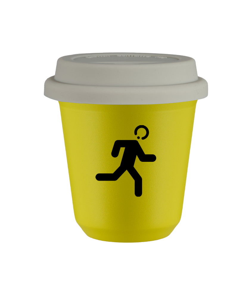 Tasse 80 ml JAUNE "Coureur (noir)", avec couvercle blanc