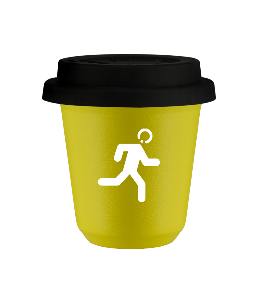 Tasse 80 ml JAUNE "Coureur (blanc)", avec couvercle noir