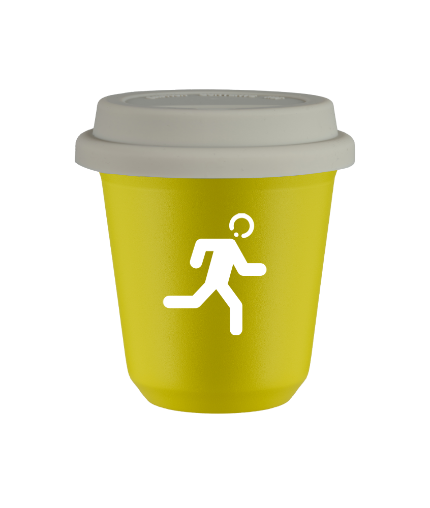 Tasse 80 ml JAUNE "Coureur (blanc)", avec couvercle blanc