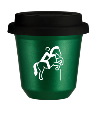Tasse 80 ml VERT MÉTALLIQUE "Équitation 1 (blanc)", avec couvercle noir Tasse 80 ml VERT MÉTALLIQUE "Équitation 1 (blanc)", avec couvercle noir