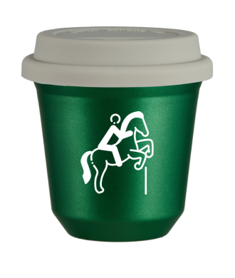 Tasse 80 ml VERT MÉTALLIQUE "Équitation 1 (blanc)", avec couvercle blanc Tasse 80 ml VERT MÉTALLIQUE "Équitation 1 (blanc)", avec couvercle blanc