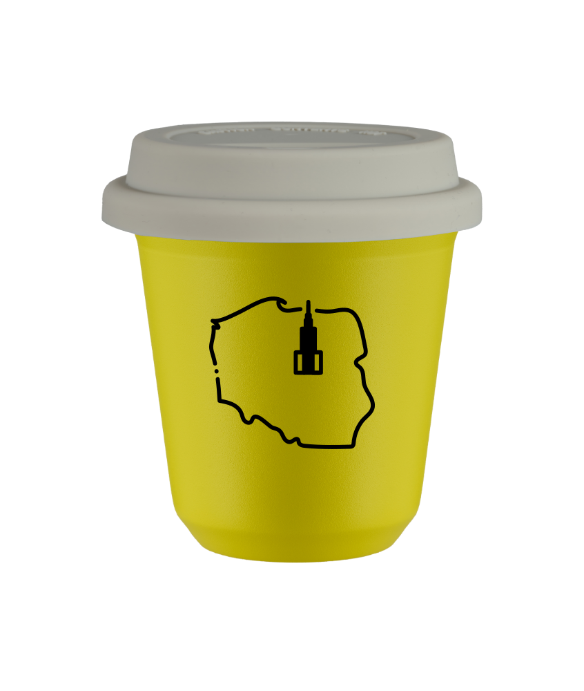 Tasse 80 ml JAUNE "Pologne (noir)", avec couvercle blanc
