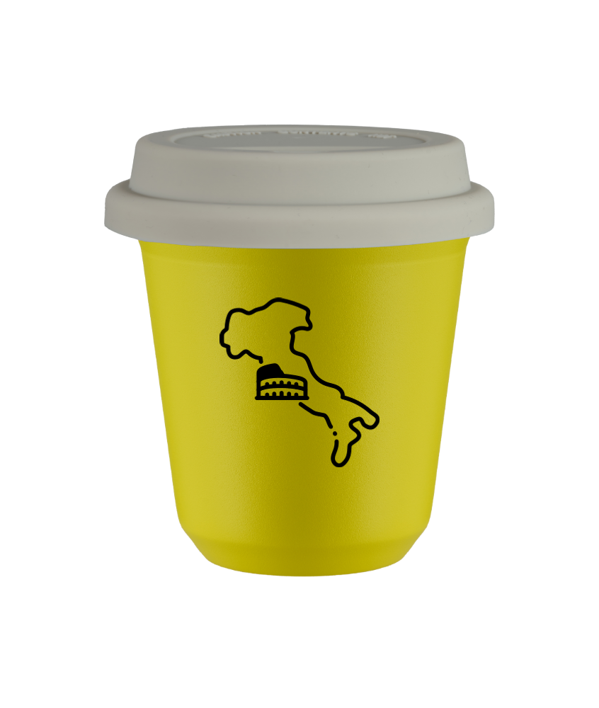 Tasse 80 ml JAUNE "Italie (noir)", avec couvercle blanc