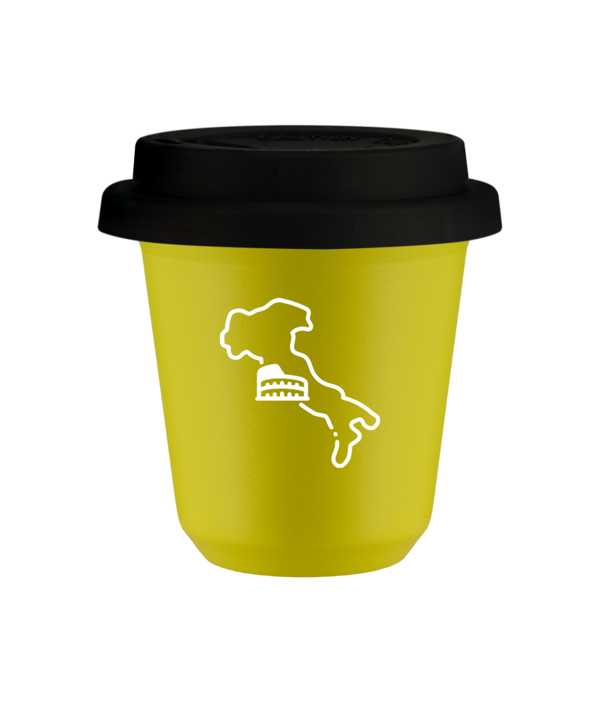 Tasse 80 ml JAUNE "Italie (blanc)", avec couvercle noir