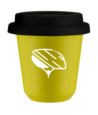 Tasse 80 ml JAUNE "Casque (blanc)", avec couvercle noir Tasse 80 ml JAUNE "Casque (blanc)", avec couvercle noir