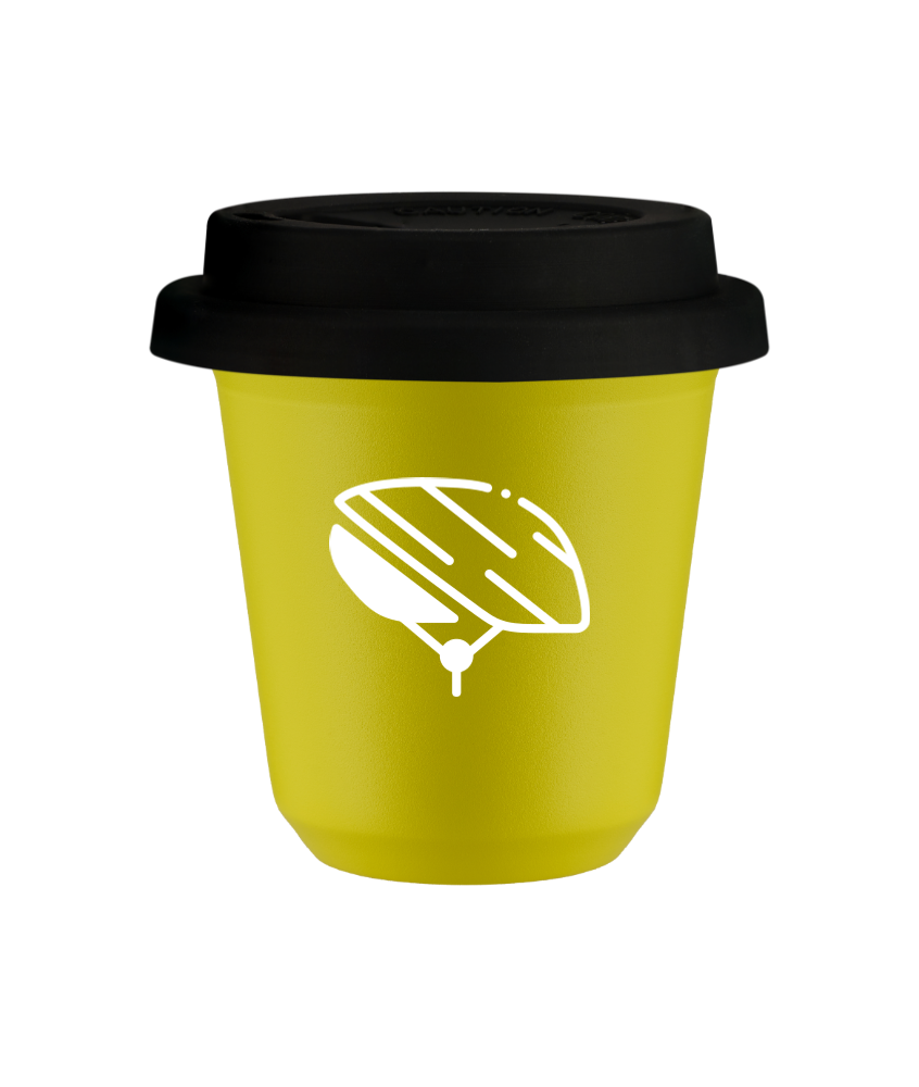 Tasse 80 ml JAUNE "Casque (blanc)", avec couvercle noir