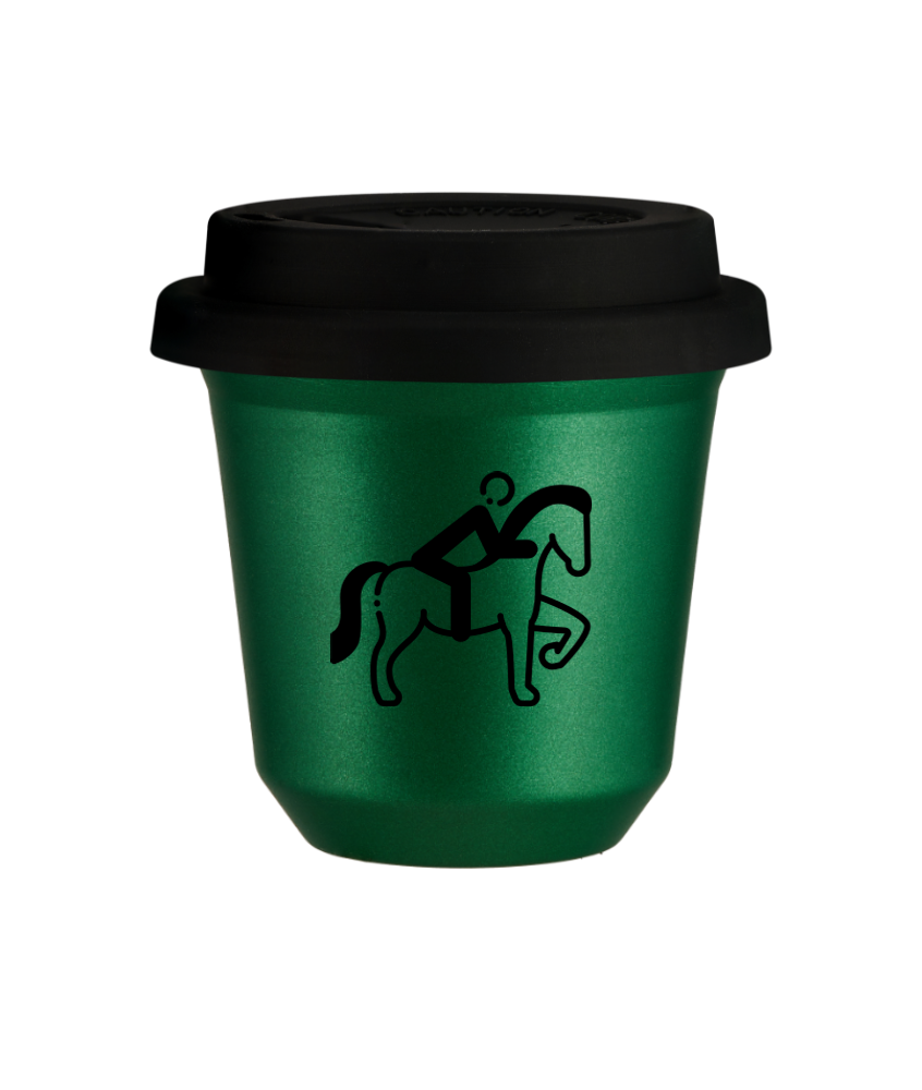 Tasse 80 ml VERT MÉTALLIQUE "Équitation 2 (noir)", avec couvercle noir