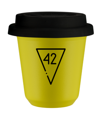 Tasse 80 ml JAUNE "42 (noir)", avec couvercle noir Tasse 80 ml JAUNE "42 (noir)", avec couvercle noir