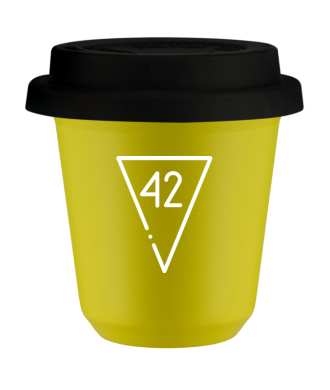 Tasse 80 ml JAUNE "42 (blanc)", avec couvercle noir Tasse 80 ml JAUNE "42 (blanc)", avec couvercle noir