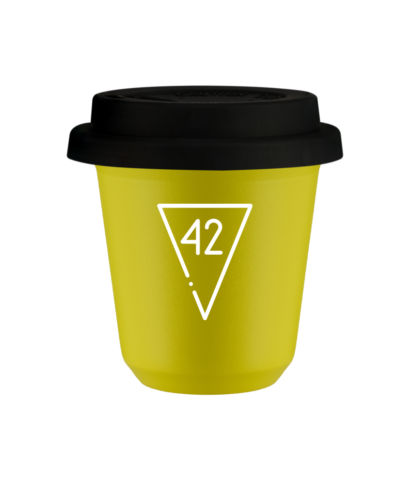 Tasse 80 ml JAUNE "42 (blanc)", avec couvercle noir