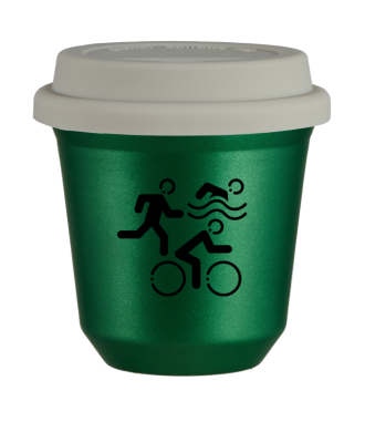 Tasse 80 ml VERT MÉTALLIQUE "Sports", avec couvercle blanc Tasse 80 ml VERT MÉTALLIQUE "Sports", avec couvercle blanc