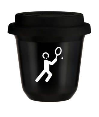 Tasse 150 ml NOIR "Tennis 1 (blanc)", avec couvercle noir Tasse 150 ml NOIR "Tennis 1 (blanc)", avec couvercle noir