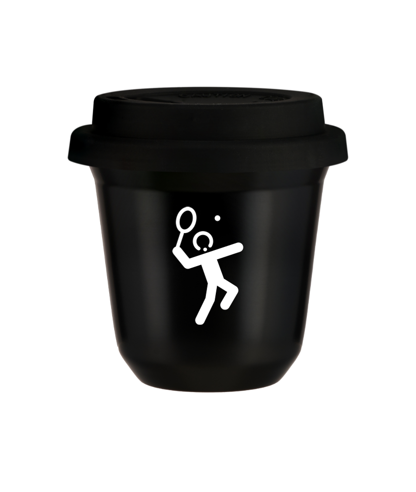 Tasse 150 ml NOIR "Tennis 2 (blanc)", avec couvercle noir