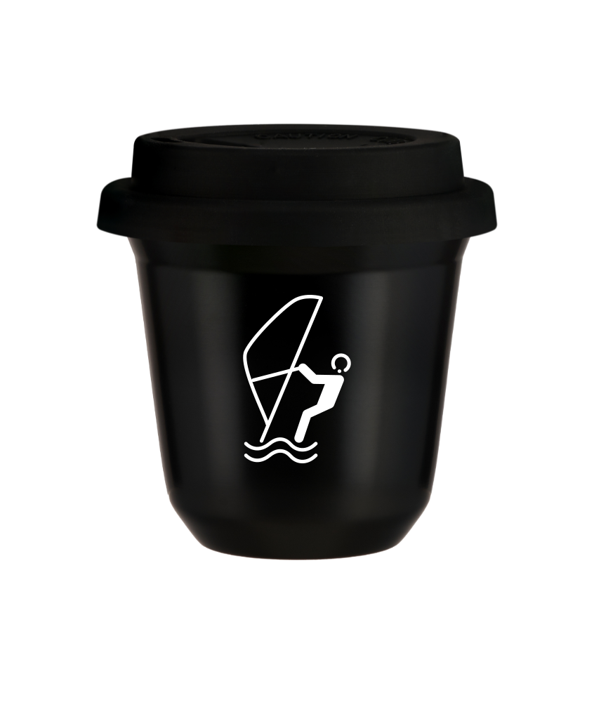 Tasse 150 ml NOIR "Sports nautiques (blanc)", avec couvercle noir