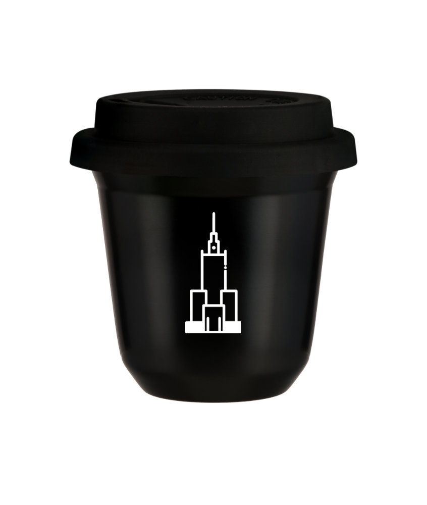 Tasse 150 ml NOIR "Pałac kultury i nauki (blanc)", avec couvercle noir