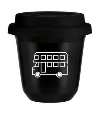 Tasse 150 ml NOIR "Bus (blanc)", avec couvercle noir Tasse 150 ml NOIR "Bus (blanc)", avec couvercle noir