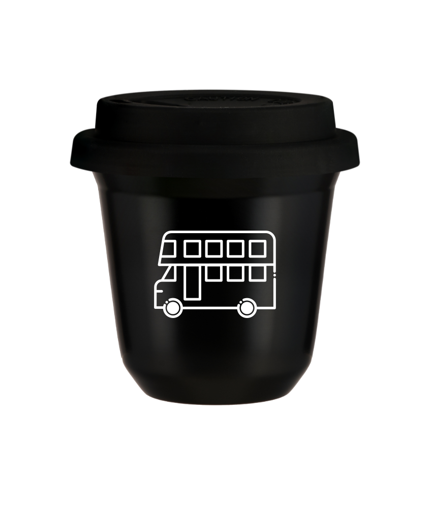 Tasse 150 ml NOIR "Bus (blanc)", avec couvercle noir
