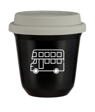 Tasse 150 ml NOIR "Bus (blanc)", avec couvercle blanc Tasse 150 ml NOIR "Bus (blanc)", avec couvercle blanc