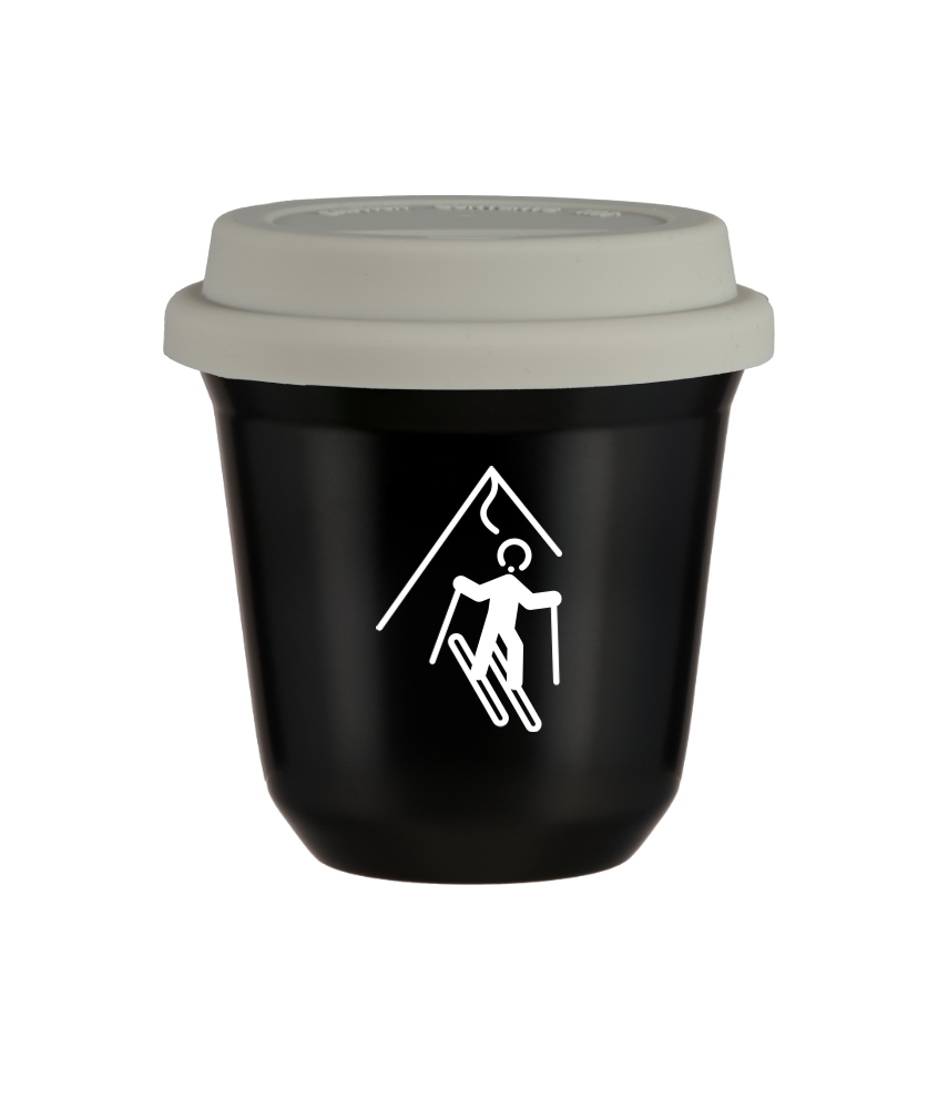 Tasse 150 ml NOIR "Ski (blanc)", avec couvercle blanc