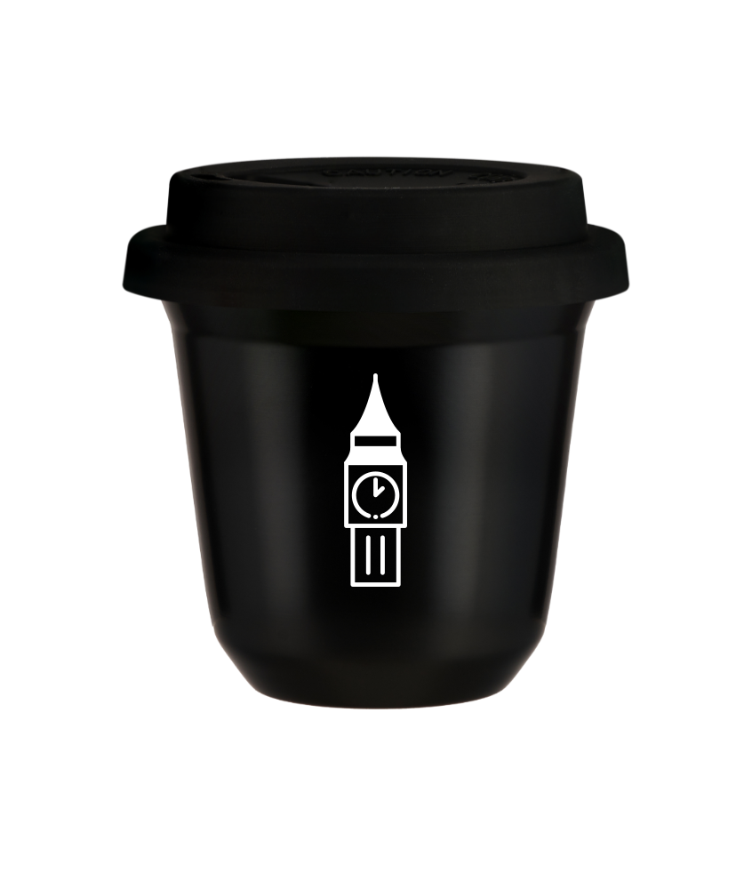 Tasse 150 ml NOIR "BIG BEN (blanc)", avec couvercle noir