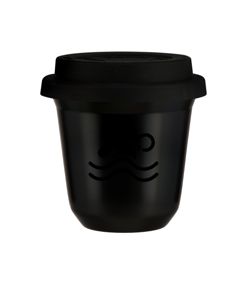 Tasse 150 ml NOIR "Natation (noir)", avec couvercle noir
