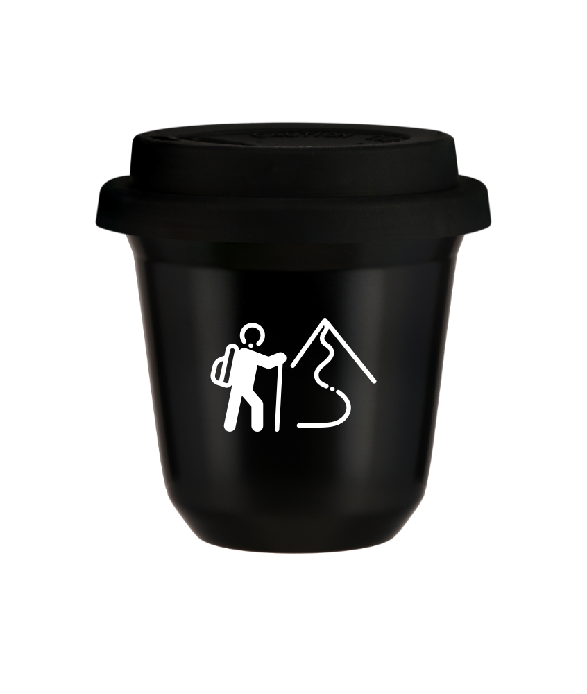 Tasse 150 ml NOIR "Escalade 2 (blanc)", avec couvercle noir