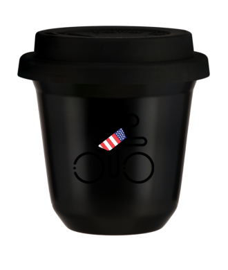 Tasse 150 ml NOIR "Cycliste aux couleurs britanniques", avec couvercle noir Tasse 150 ml NOIR "Cycliste aux couleurs britanniques", avec couvercle noir