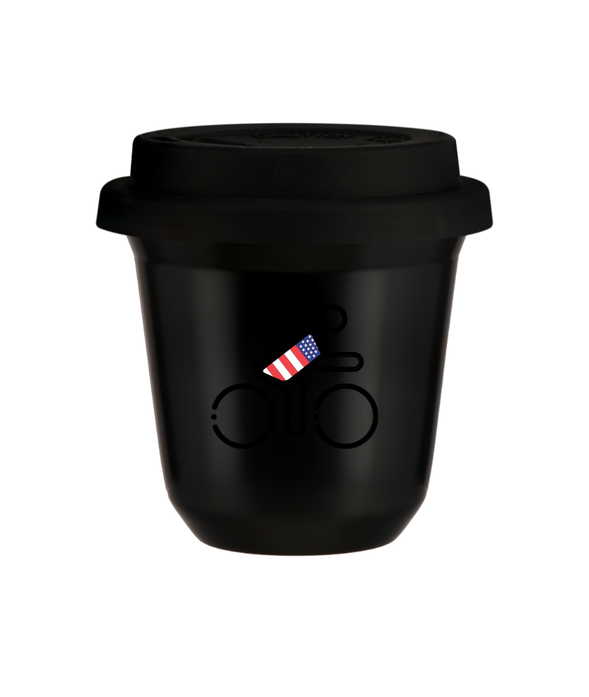 Tasse 150 ml NOIR "Cycliste aux couleurs britanniques (noir)", avec couvercle noir