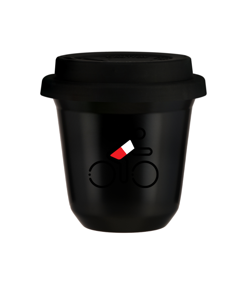 Tasse 150 ml NOIR "Cycliste aux couleurs polonaises", avec couvercle noir