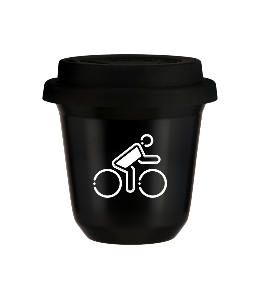 Tasse 150 ml NOIR "Cycliste aux couleurs polonaises (blanc)", avec couvercle noir
