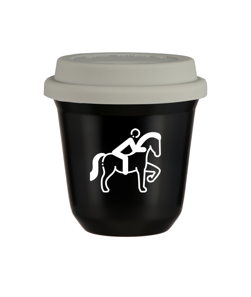 Tasse 150 ml NOIR "Équitation 2 (blanc)", avec couvercle blanc