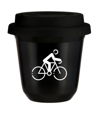Tasse 150 ml NOIR "Cyclisme 3 (blanc)", avec couvercle noir Tasse 150 ml NOIR "Cyclisme 3 (blanc)", avec couvercle noir