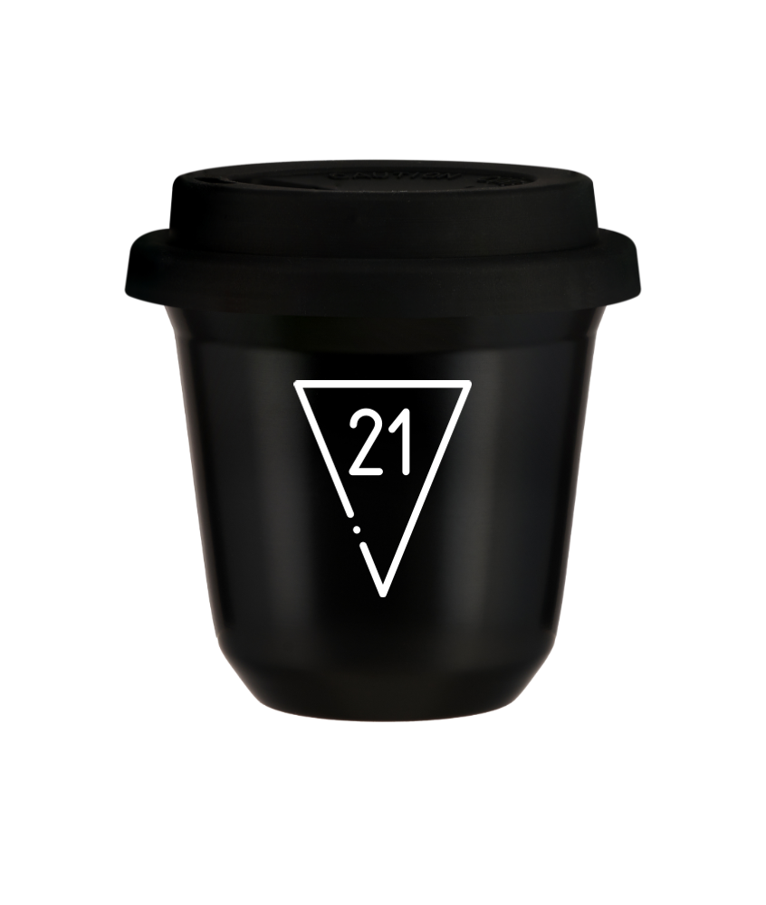 Tasse 150 ml NOIR "21 (blanc)", avec couvercle noir