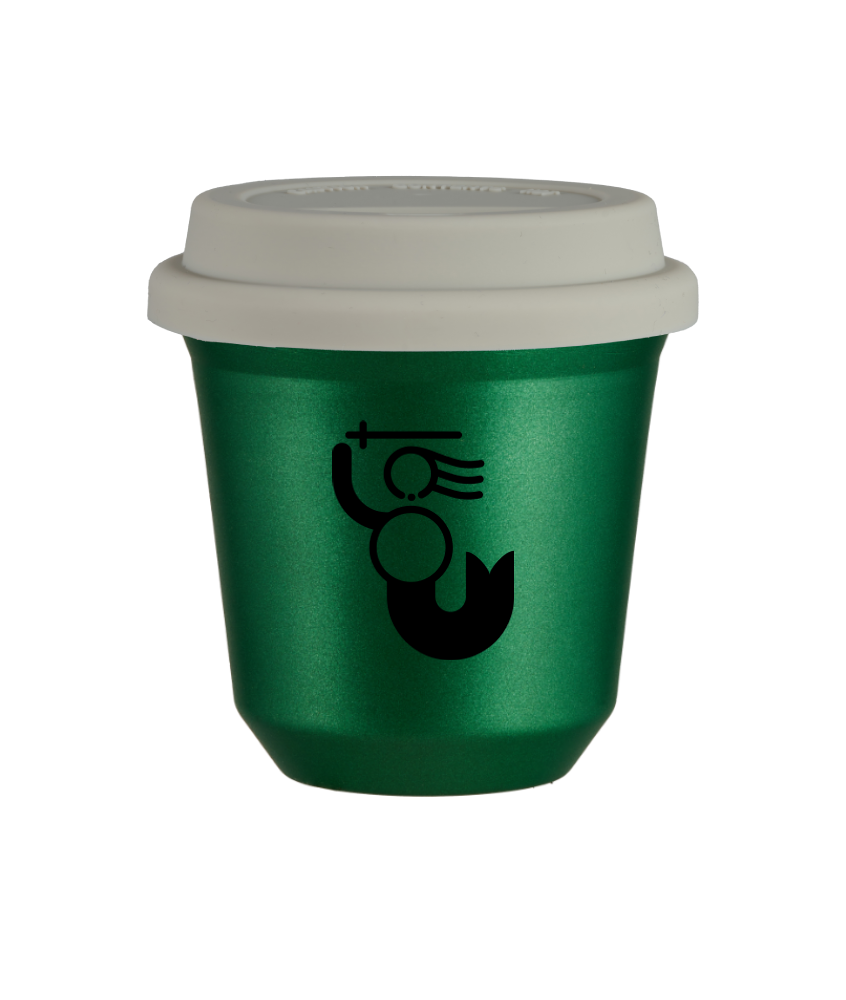 Tasse 150 ml VERT MÉTALLIQUE "WARSZAWSKA SYRENKA (noir)", avec couvercle blanc