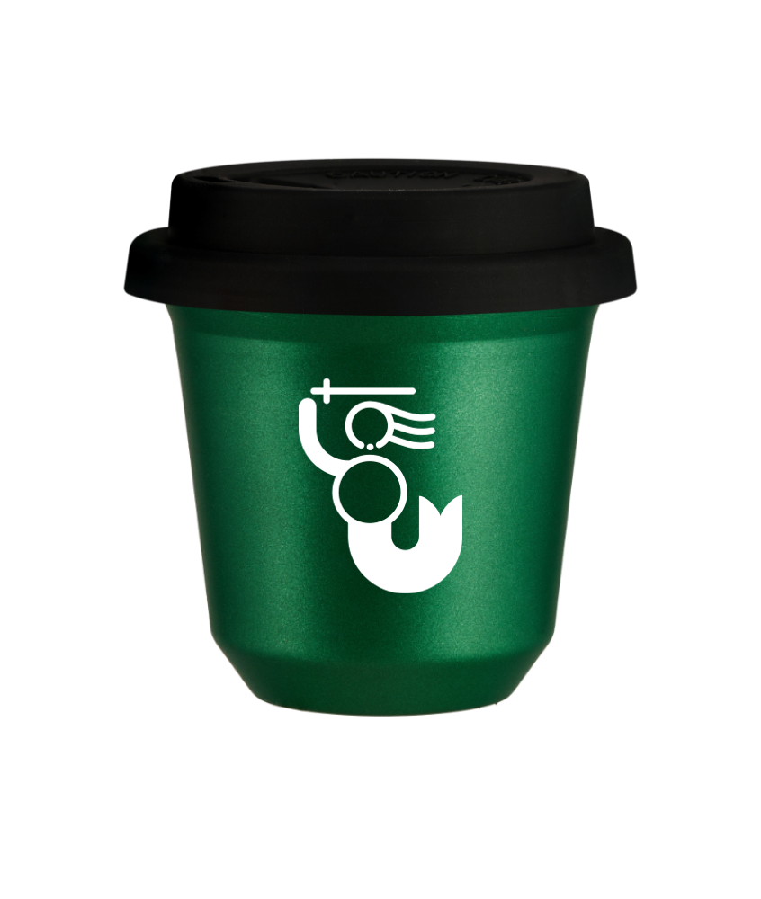 Tasse 150 ml VERT MÉTALLIQUE "WARSZAWSKA SYRENKA (blanc)", avec couvercle noir