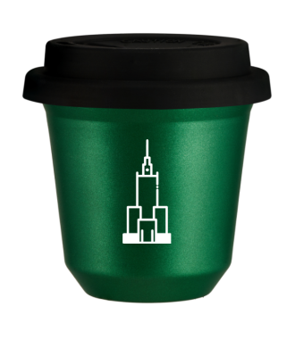 Tasse 150 ml VERT MÉTALLIQUE "Pałac kultury i nauki (blanc)", avec couvercle noir Tasse 150 ml VERT MÉTALLIQUE "Pałac kultury i nauki (blanc)", avec couvercle noir