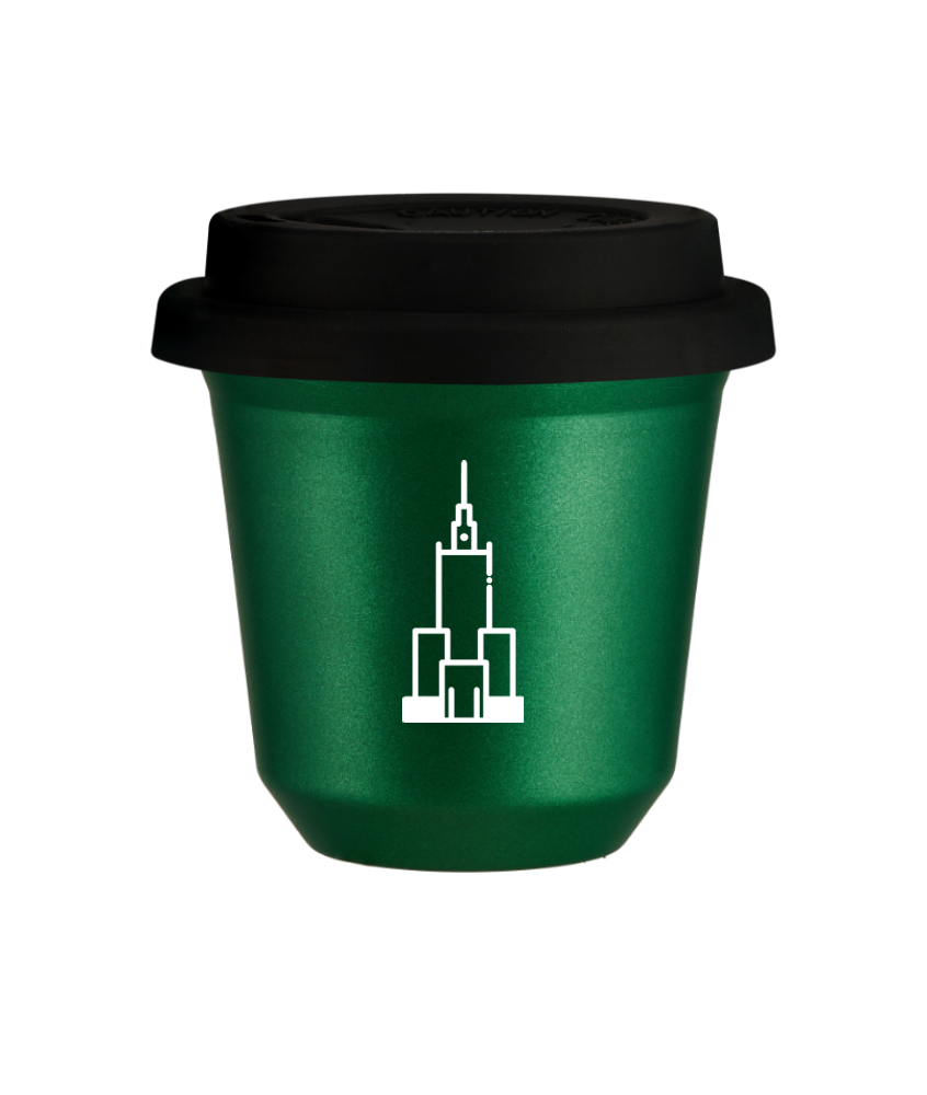 Tasse 150 ml VERT MÉTALLIQUE "Pałac kultury i nauki (blanc)", avec couvercle noir