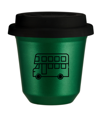 Tasse 150 ml VERT MÉTALLIQUE "Bus", avec couvercle noir Tasse 150 ml VERT MÉTALLIQUE "Bus", avec couvercle noir
