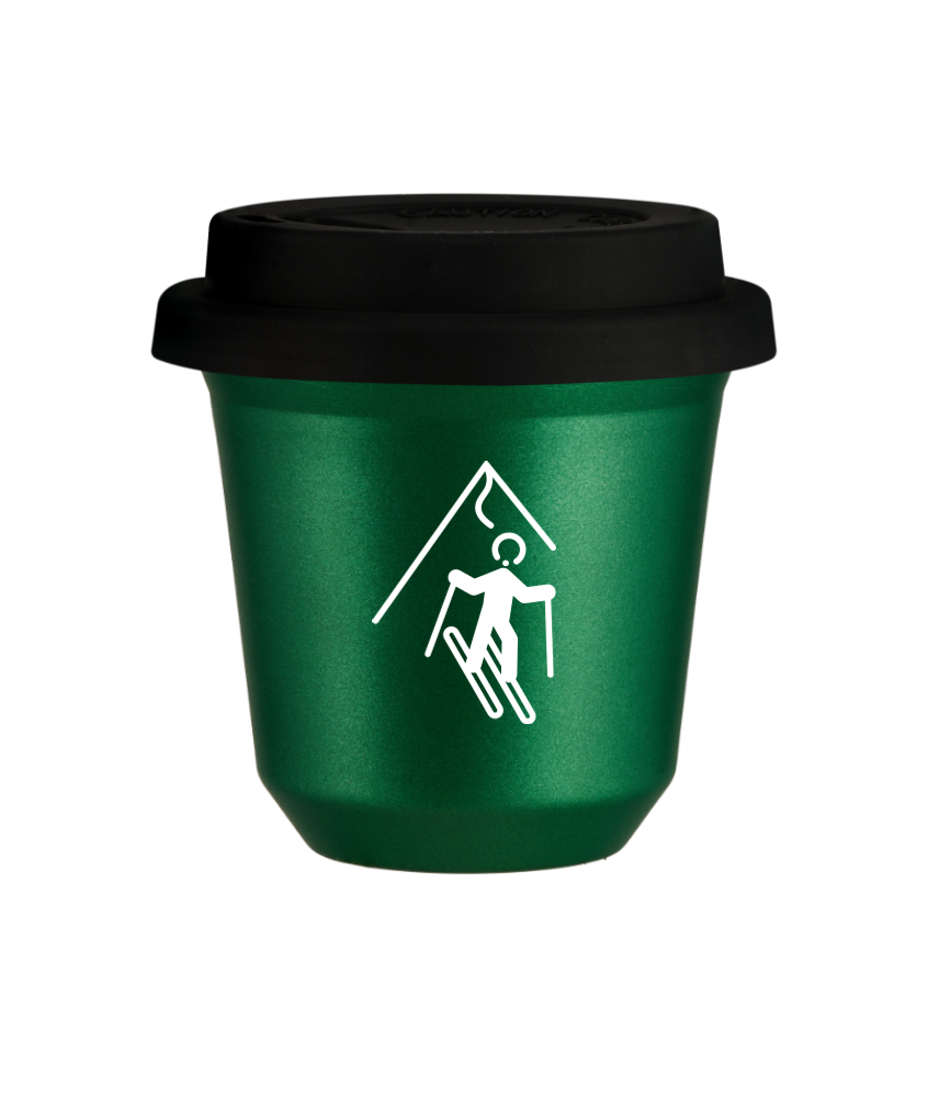 Tasse 150 ml VERT MÉTALLIQUE "Ski (blanc)", avec couvercle noir