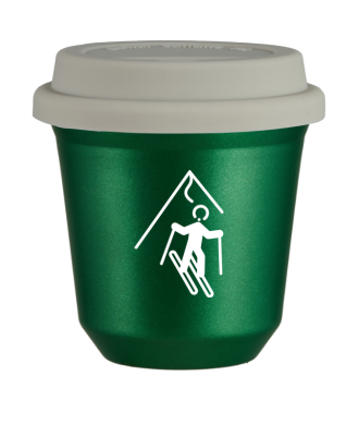 Tasse 150 ml VERT MÉTALLIQUE "Ski (blanc)", avec couvercle blanc Tasse 150 ml VERT MÉTALLIQUE "Ski (blanc)", avec couvercle blanc