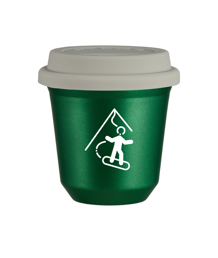 Tasse 150 ml VERT MÉTALLIQUE "Snowboard (blanc)", avec couvercle blanc