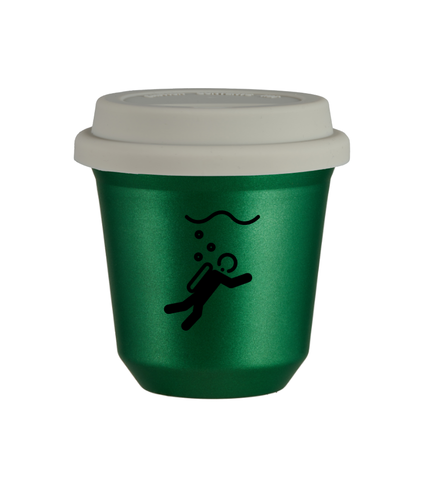 Tasse 150 ml VERT MÉTALLIQUE "Plongée (noir)", avec couvercle blanc