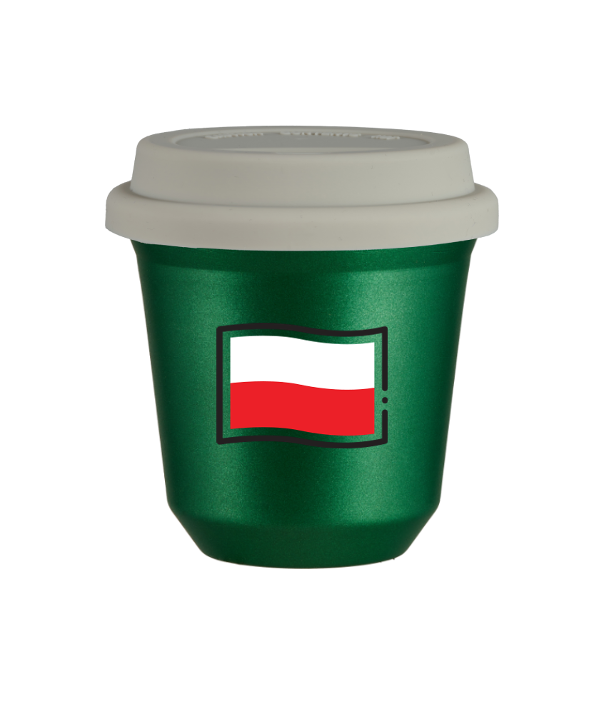 Tasse 150 ml VERT MÉTALLIQUE "Drapeau polonais", avec couvercle blanc