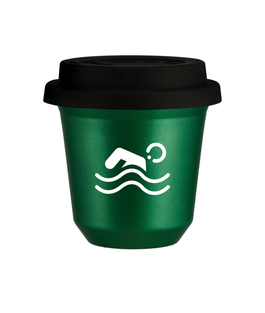 Tasse 150 ml VERT MÉTALLIQUE "Natation (blanc)", avec couvercle noir