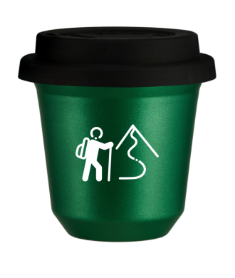 Tasse 150 ml VERT MÉTALLIQUE "Escalade 2 (blanc)", avec couvercle noir Tasse 150 ml VERT MÉTALLIQUE "Escalade 2 (blanc)", avec couvercle noir