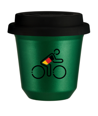 Tasse 150 ml VERT MÉTALLIQUE "Cycliste aux couleurs allemandes", avec couvercle noir Tasse 150 ml VERT MÉTALLIQUE "Cycliste aux couleurs allemandes", avec couvercle noir