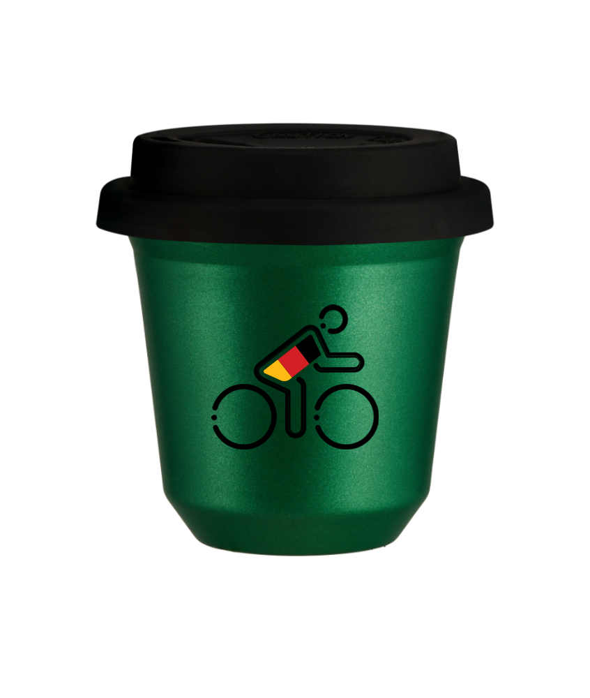 Tasse 150 ml VERT MÉTALLIQUE "Cycliste aux couleurs allemandes", avec couvercle noir