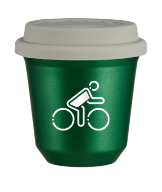 Tasse 150 ml VERT MÉTALLIQUE "Cycliste aux couleurs britanniques (blanc)", avec couvercle blanc Tasse 150 ml VERT MÉTALLIQUE "Cycliste aux couleurs britanniques (blanc)", avec couvercle blanc